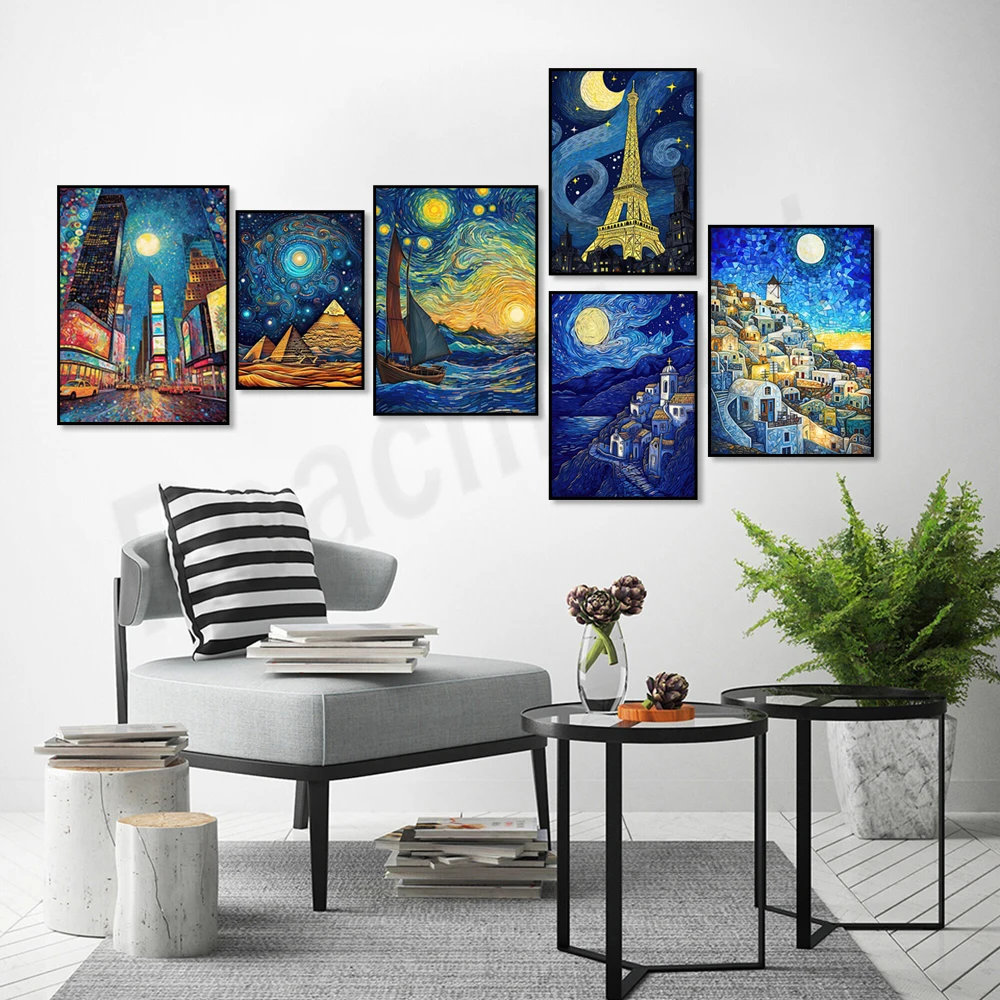 Принт в стиле Ван Гога, Санторини, Париж, Лондон, Нью-Йорк, египетские пирамиды, римские Звездные ночи, постер для путешествий, настенное украшение