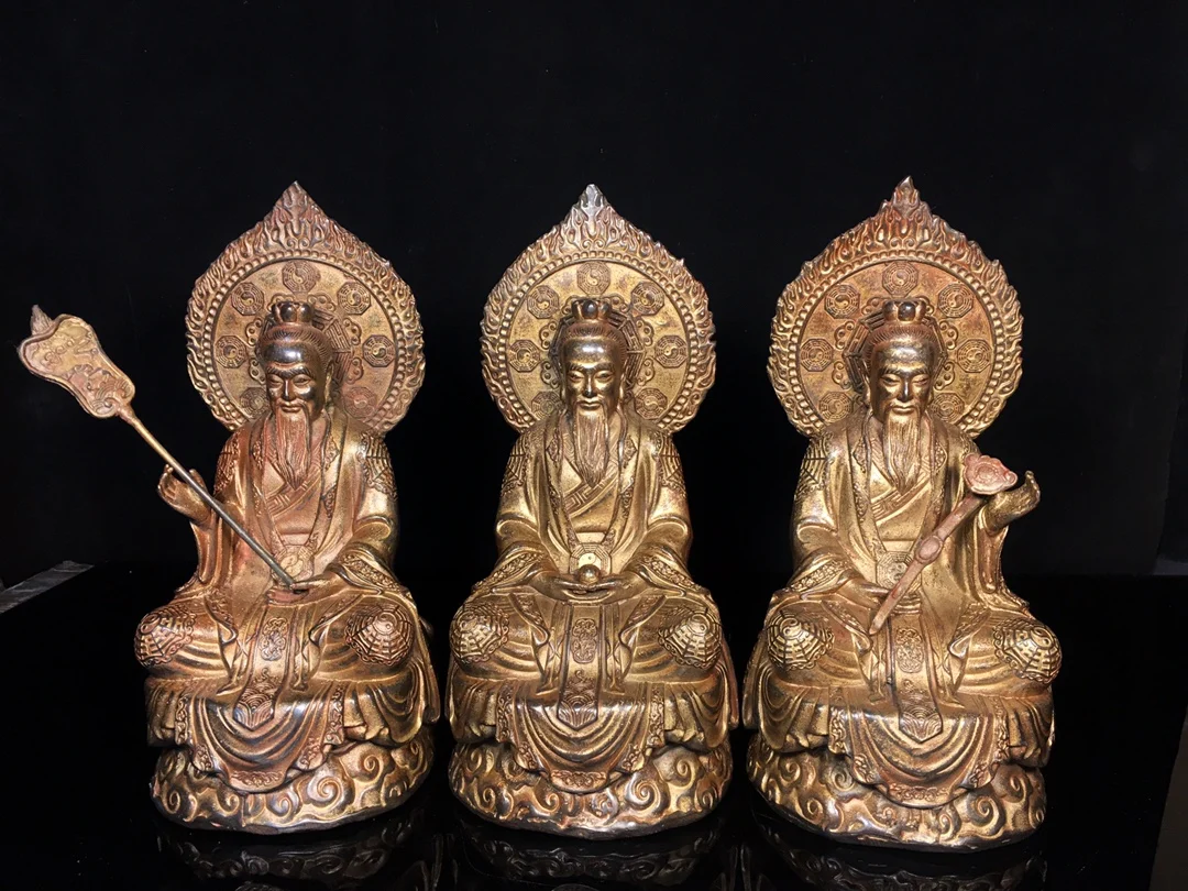 

9"Old Bronze Gilded Cinnabar Three Pure Ones a set Taoism primogenitor Laozi Sitting Buddha Wenfang Amass wealth Ornaments