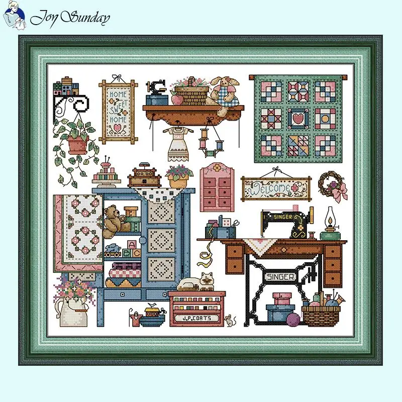 Love Sewing Joy Sunday Cartoon Pattern Cross Stitch Kits Aida 14CT 16CT 11CT White Printed Fabric Needle & Thread Embroidery Set