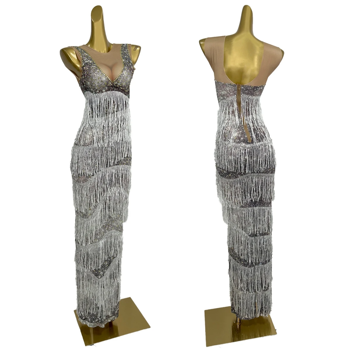 Spandex Printing Tassel Sheath Long Dresses Birthday Celebrate Party Elegant Women Evening Dress Nightclub Singer Wear Bolangqun