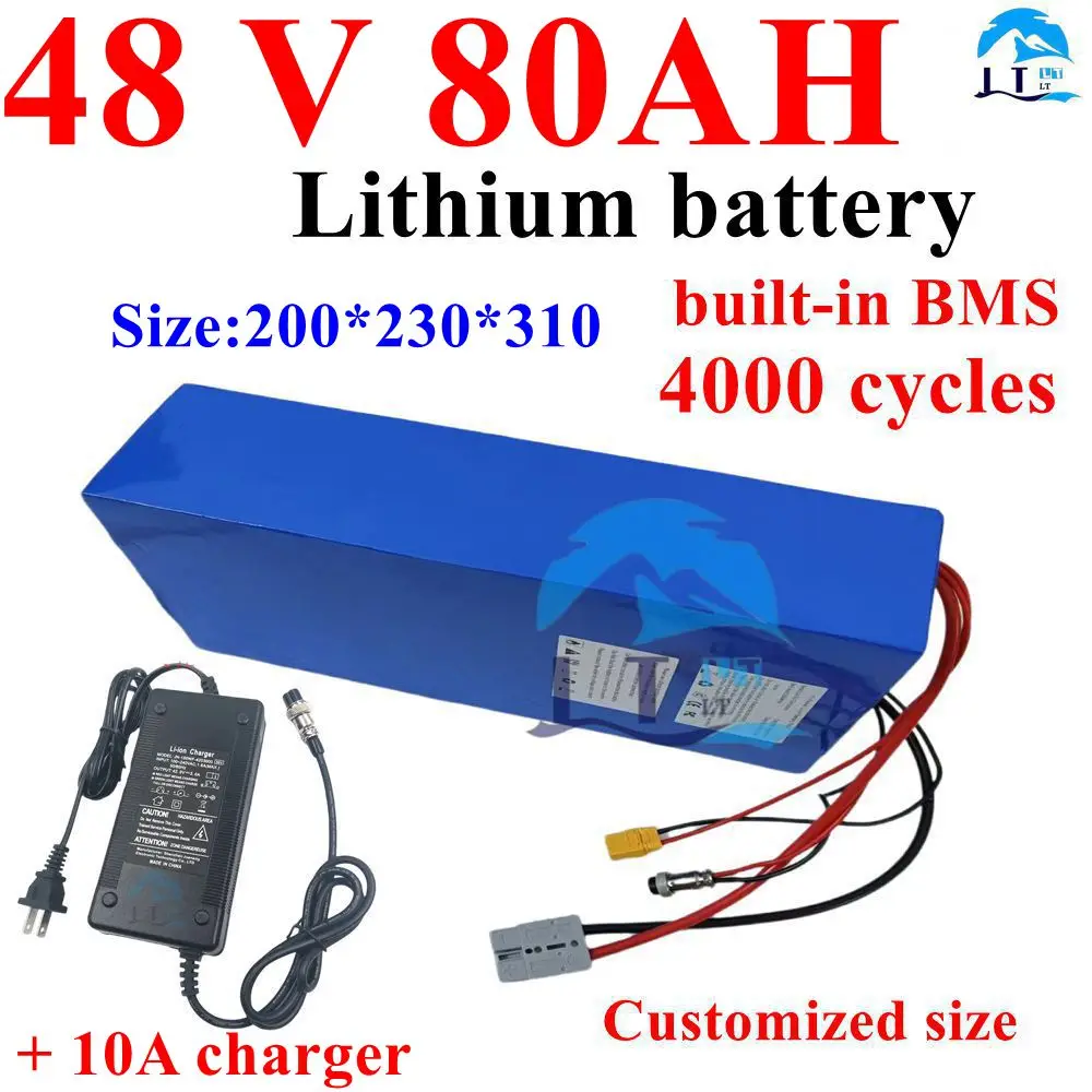 Batterie VEFEPO4 de 48V et 80Ah avec BMS 16S et Chargeur 10A, pour Système Solaire de Scooter et Vélo de 4000W et 3000W