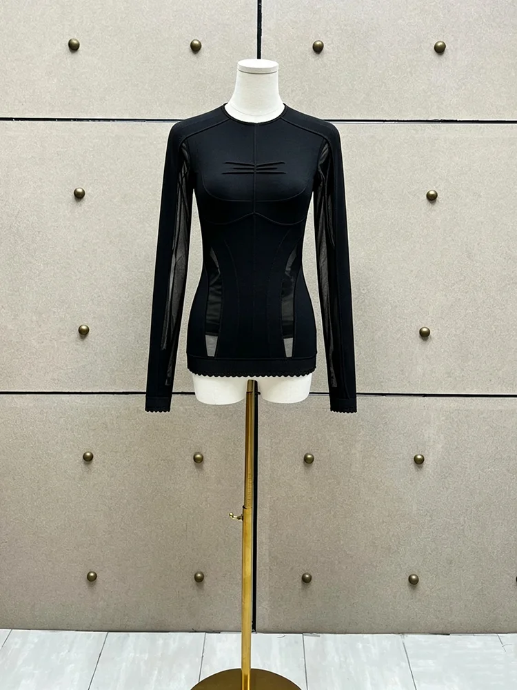 Hollowed-out mesh high-elastic base top, 2026 autumn/winter stylish and versatile round-neck long-sleeved women's top