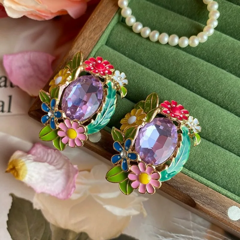 Autumn Winter Retro Flower Stud Earrings Colored Oil Drop Enamel Vintage Daisy Flower Violet Rhinestone Bohemia Style Earrings