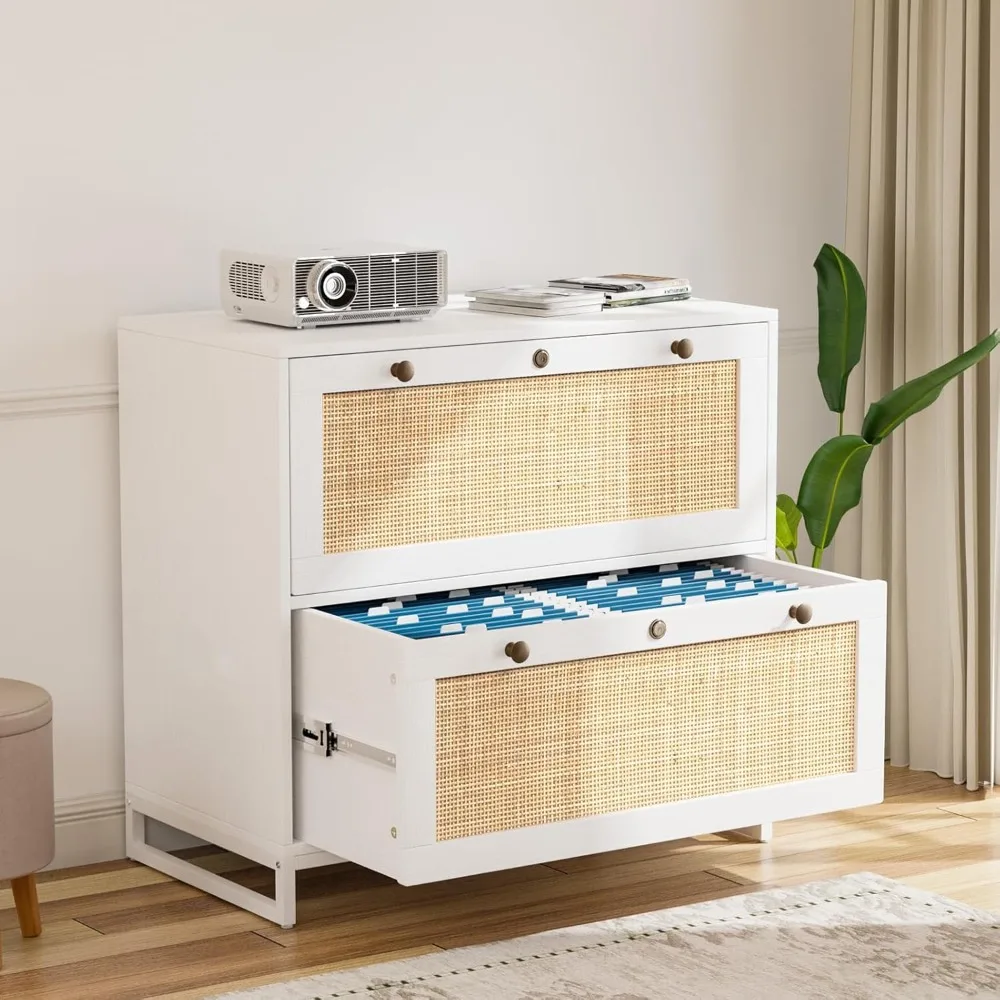 White & Natural Rattan 2 Drawer Lateral File Cabinet with Lock,Locking File Cabinets for Home Office, File Cabinet Printer Stand