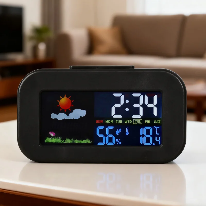 Multifunctional Color Screen Weather Clock Perpetual Calendar Temperature and Humidity Weather Forecast Backlit Alarm Clock Smar