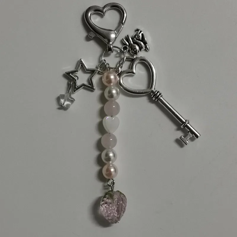 Handmade Love Keychain, Sweet Romantic Star Guitar Bunny Strawberry Pearl Crystal Keychain Gift to his girlfriend y2k