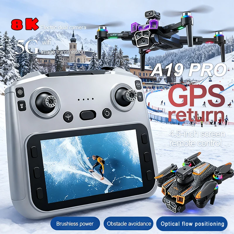 A19 PRO GPS Drone Cam 4K Professional Camera Aerial 5G FPV Brush Laser Obstacle with Large Screen Remote Control Folding Drones