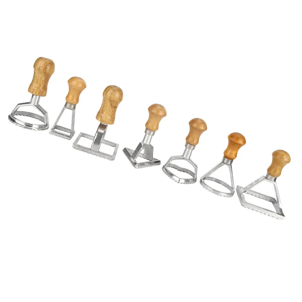 7PCS Individual Upright Ravioli Cutter Set Aluminum Solid Wood Cookies Cutter Fluted Edge Cookie Stamp Lasagna Pierogi
