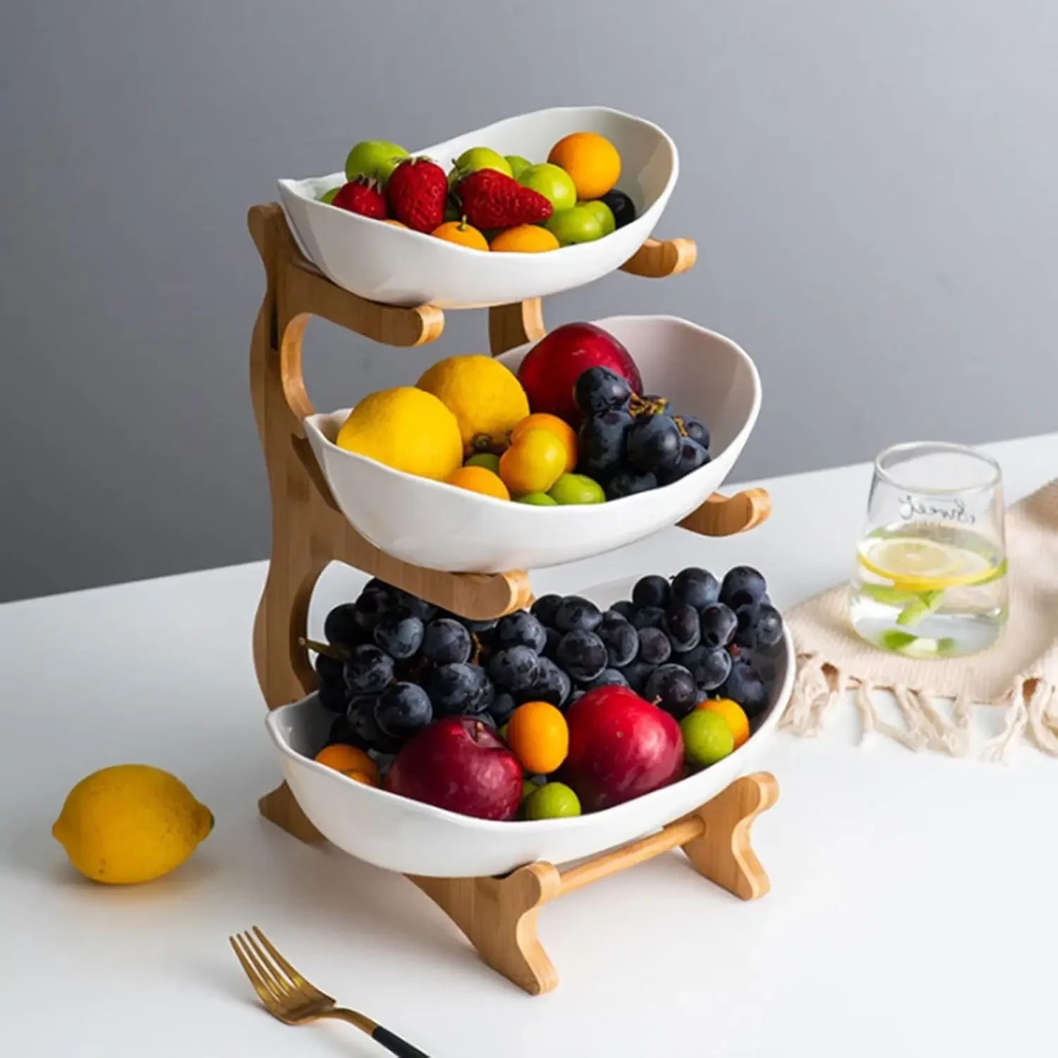 

Three Tier Fruit Rack Ceramic Bowl Set Wooden Stand Candy Dish Serving Kitchen Holder Storage White
