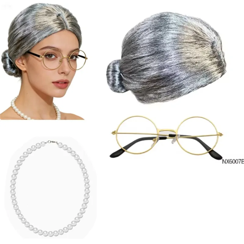 

Набор: парик и очки для взрослых в стиле бабушки - серый пучок, аксессуары для костюма бабушки для косплея и тематических вечеринок
