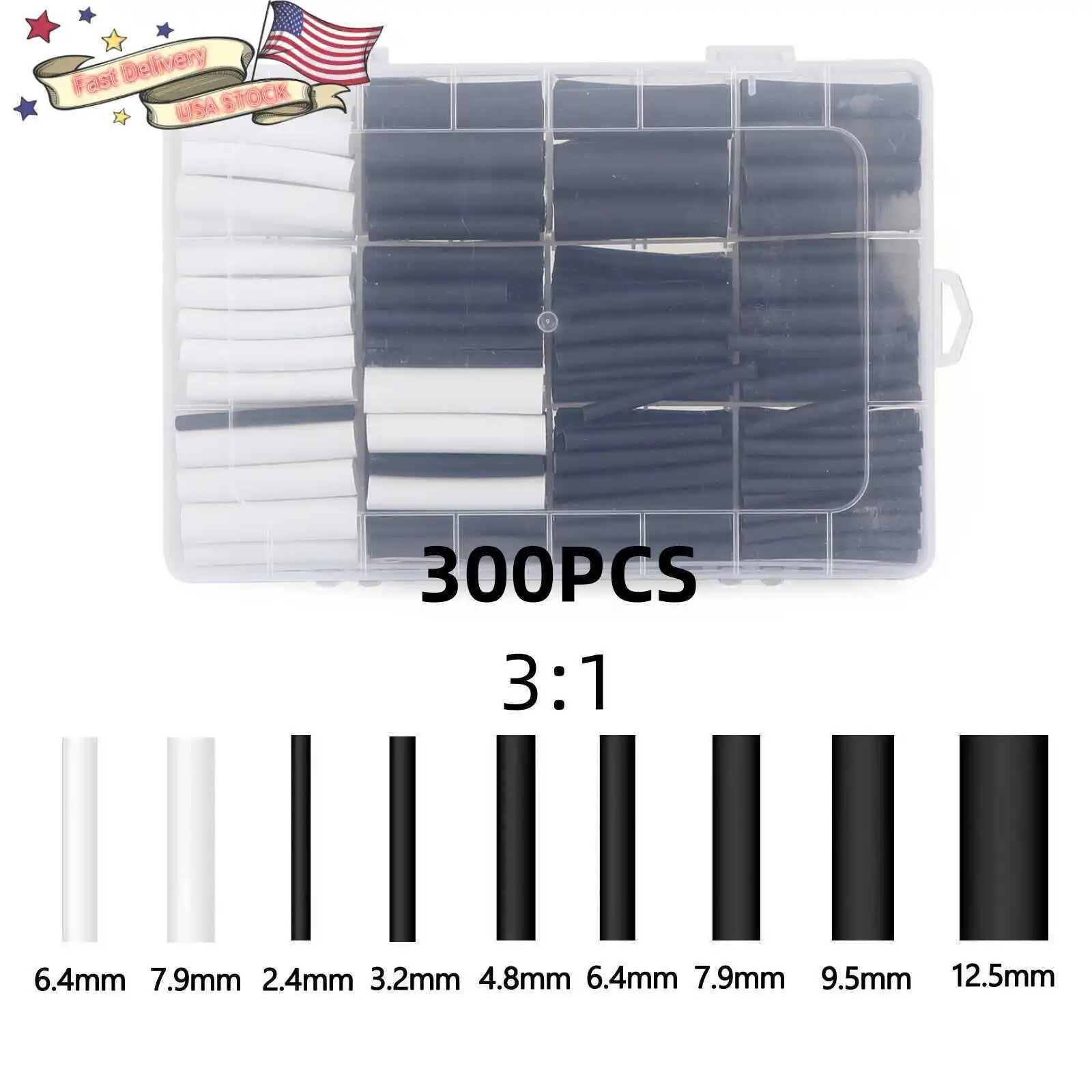 300PCS Black White Marine Grade Heat Shrink Tubing Kit - 3:1 w/ Adhesive Glue US