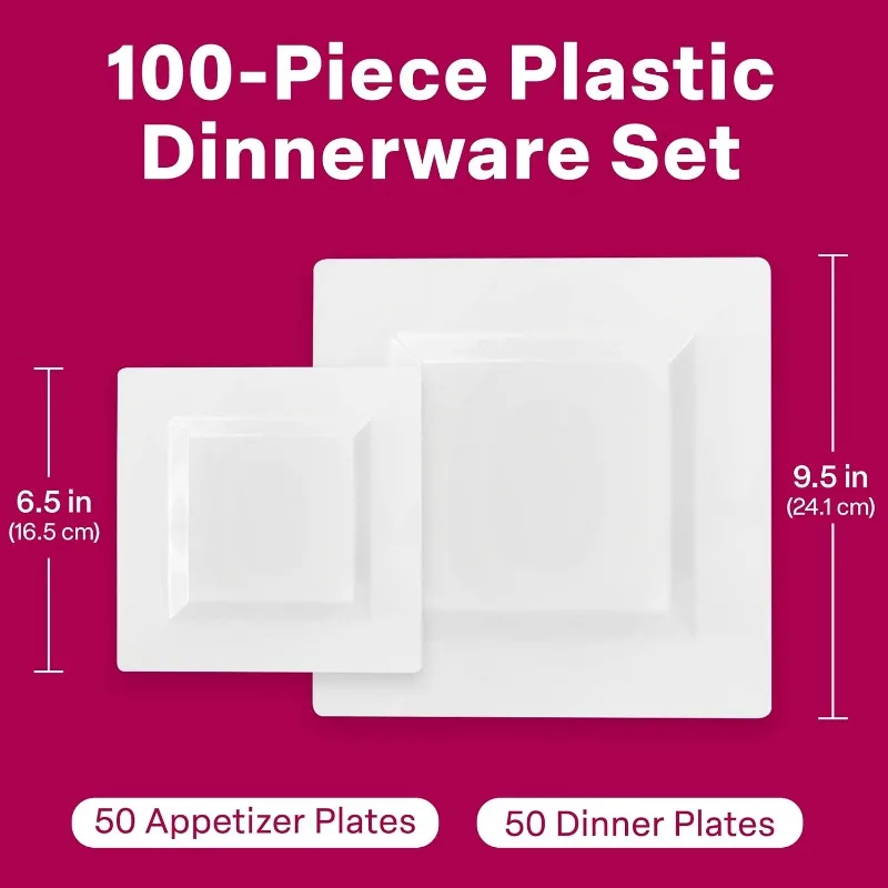 100 Square Plastic Plates - Heavy Duty Disposable Plates - Includes 50 Dinner Plates (10-Inch) and 50 Salad Appetizer