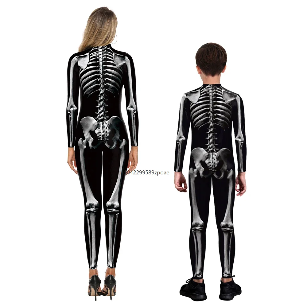 Halloween Matching Outfits 3D Skeleton Printed Zentai Cosplay Costume Party Parent-Child Sexy Spandex Catsuit 2024