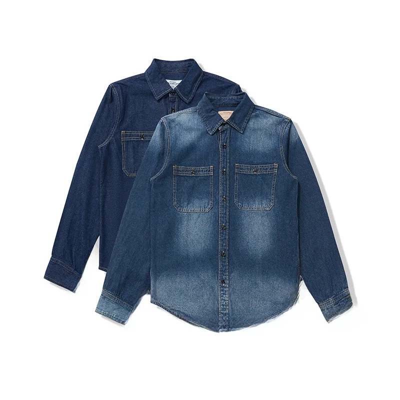 Retro American Waed Heavy Denim irt Men's Original Color Long Sve irt Silk Cotton Youth Wear Resistant Fce Lined