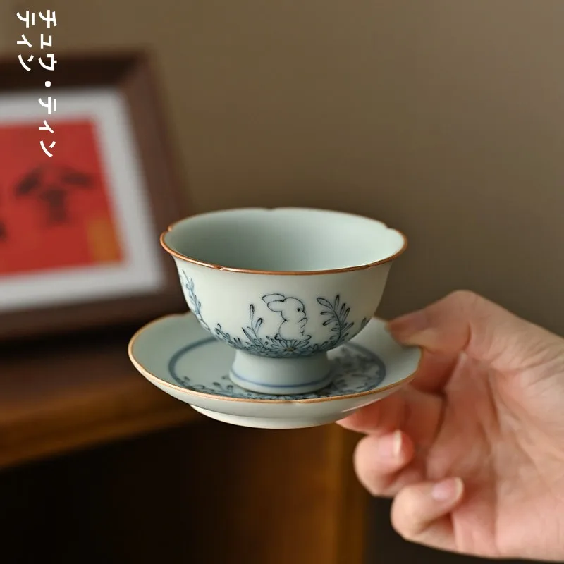 

Chutianyao Blue And White Porcelain Tea Cup Matte Egg een Glaze Cerc Drinking Cup Small High Footed Tea Cup Chinese Sle