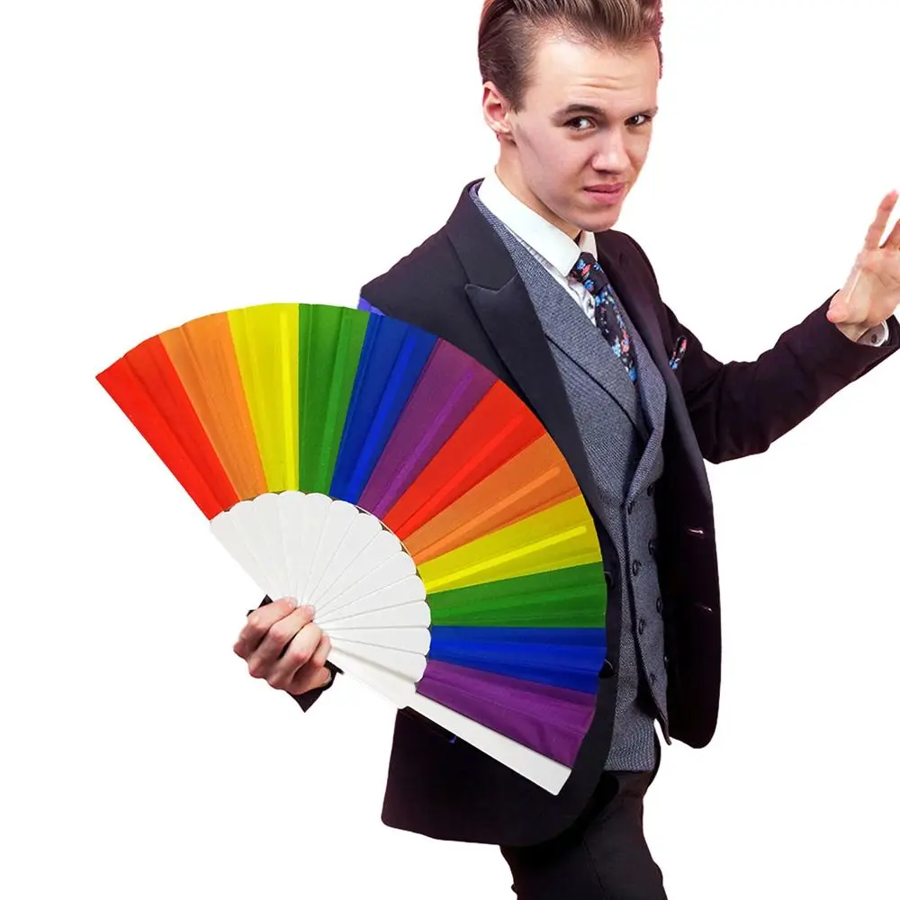 Rainbow Fans Large Rave Clack Folding Hand Fan Hand Rainbow Folding Fans Crafted Gift Fan on Cloth