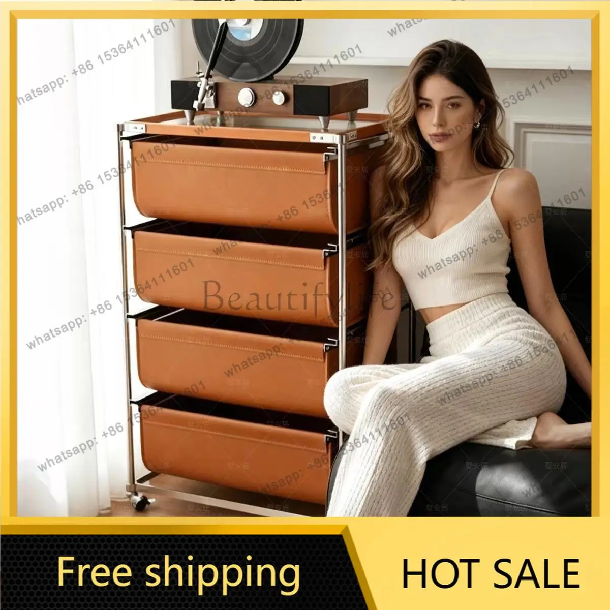LJY Italian minimalist saddle leather edge multi-function trolley stainless steel floor locker