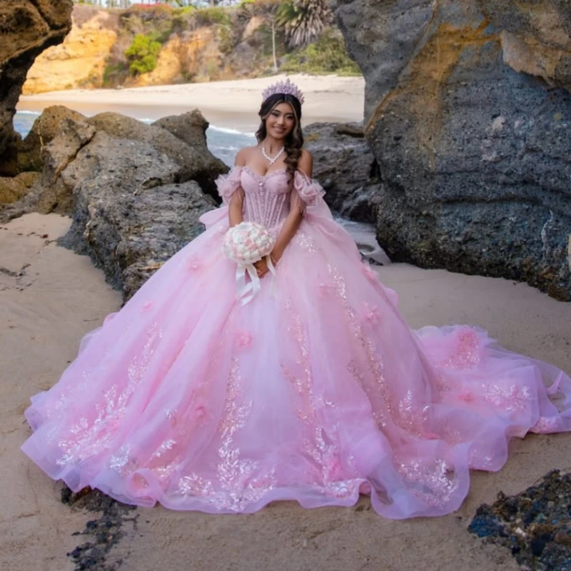Pink Glitter Quinceanera Dresses Off Shoulder Ball Gown Sweet 16 Dress Sequin Applique Flower Beads Bow Tull Party Birthday Vest