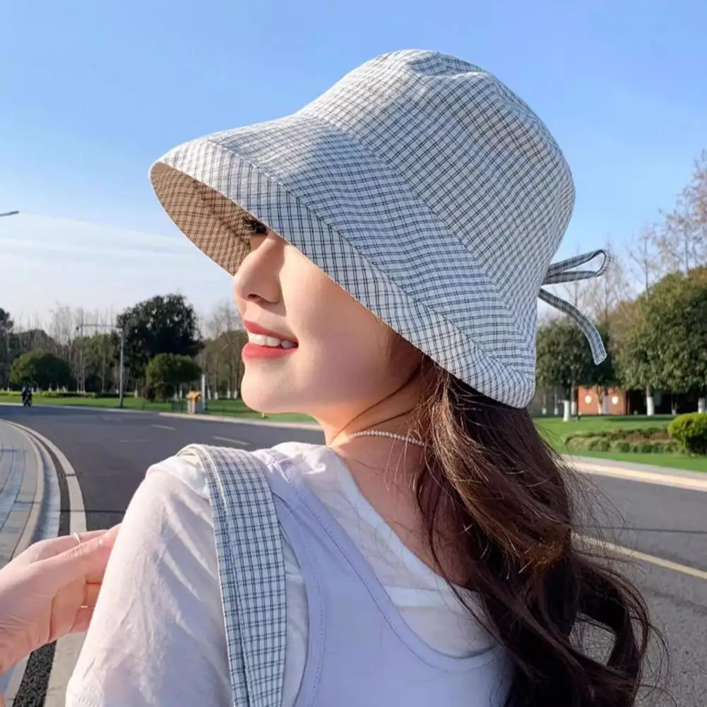 Breathable Summer Fishing Hat Plaid Fisherman Hat for Women Wide Brim Uv Protection Sun Cap Adjustable Back Bow Beach Hat
