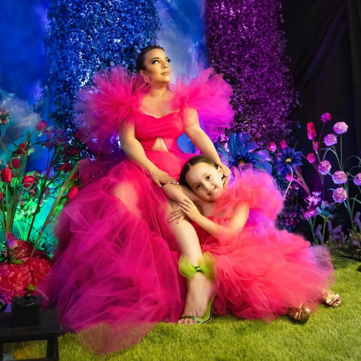 Fuchsia Mum and Daughter Party Dress Tulle Sexy Mother Daughter Matching Dress Tiered Sexy Family Look Gowns