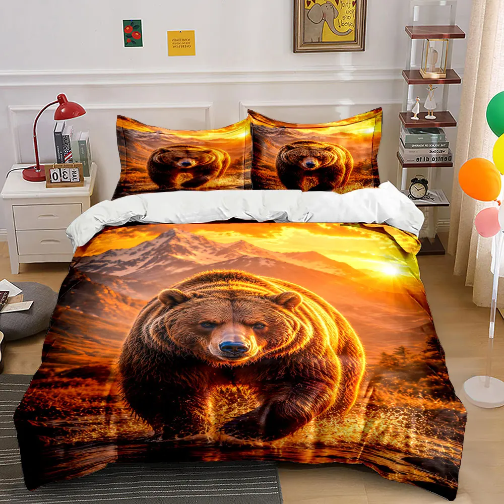Majestic grizzly crossing stream at sunset Printed Duvet Cover Set 1 Duvet Cover+2 Pillowcase Multi Size Bedroom Bedding Decor