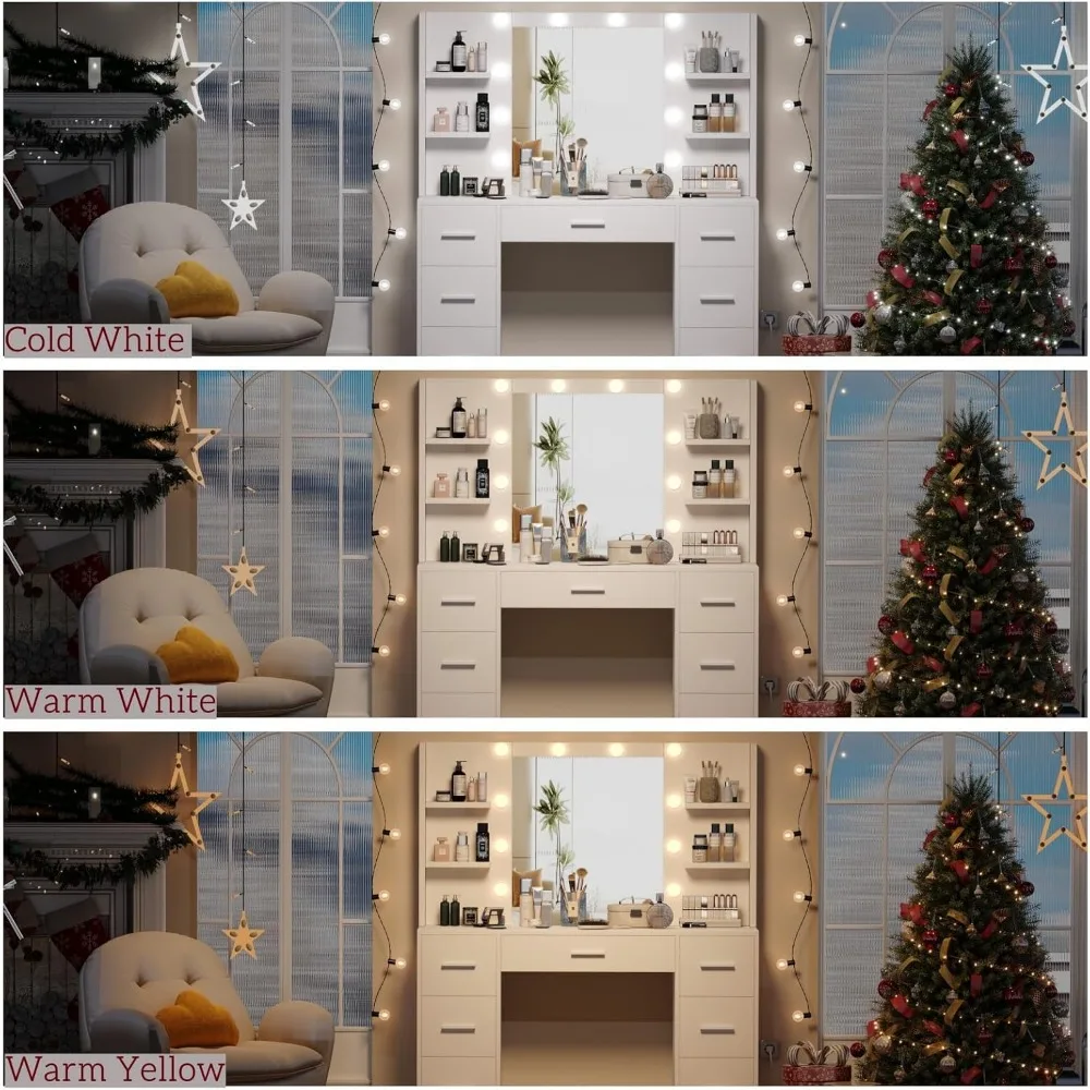 Makeup Vanity with 10 LED Lights & 7 Metal Sliding Drawers, Brightness Adjustable, Vanity Table with 6 Open Shelves,Makeup Table image 4