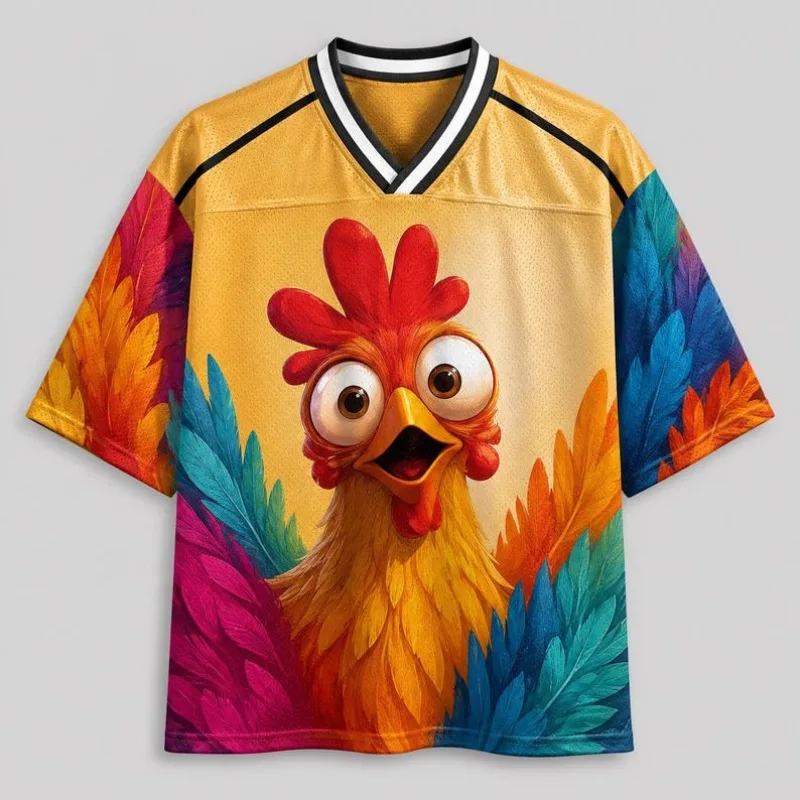 Fun and crazy rooster mesh football shirt with silly chicken pattern T-shirt, oversized colorful feather street style top