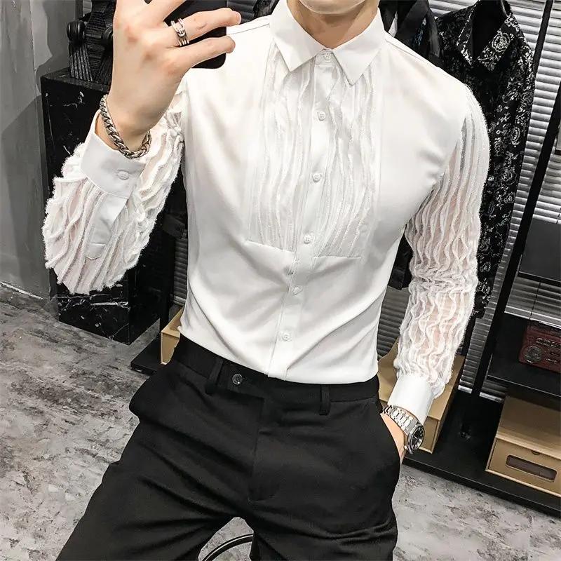 Korean Trend Fashion Men Shirts Spring Autumn New Solid Glossy Lapel Lace Patchwork Single Breaste Casual Slim Long Sleeve Tops