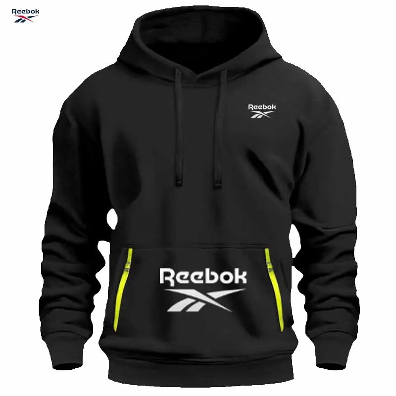 Sudadera deportiva Reebok para hombre, holgada y casual, con capucha, de color liso con diseño de múltiples bolsillos, sencilla y ligera.