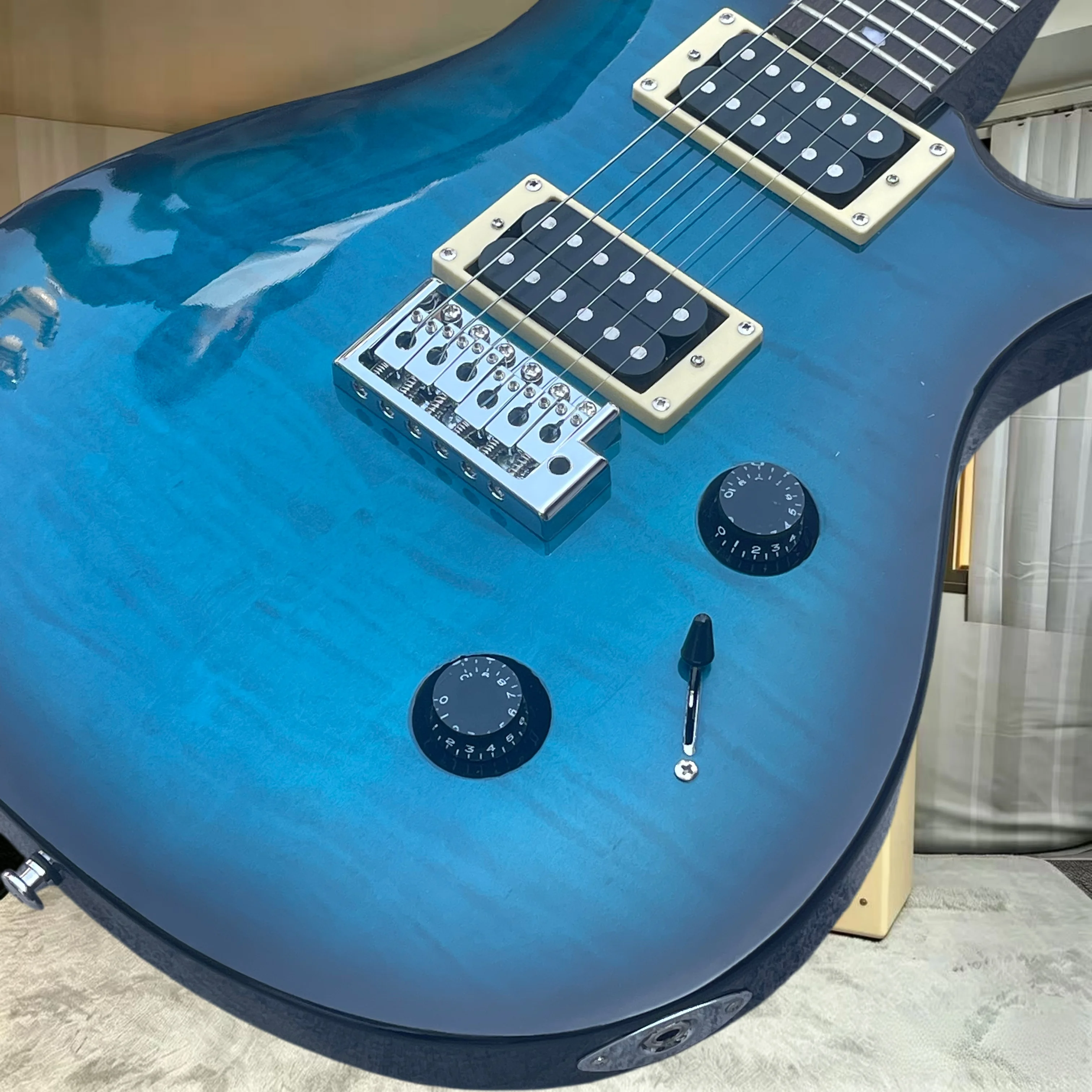 Transparent Blue Flame Maple PRSE Electric Guitar HH Zebra Humbuckers Bird Inlay Fretboard Chrome Hardware Hard‑Rock Blues Pop