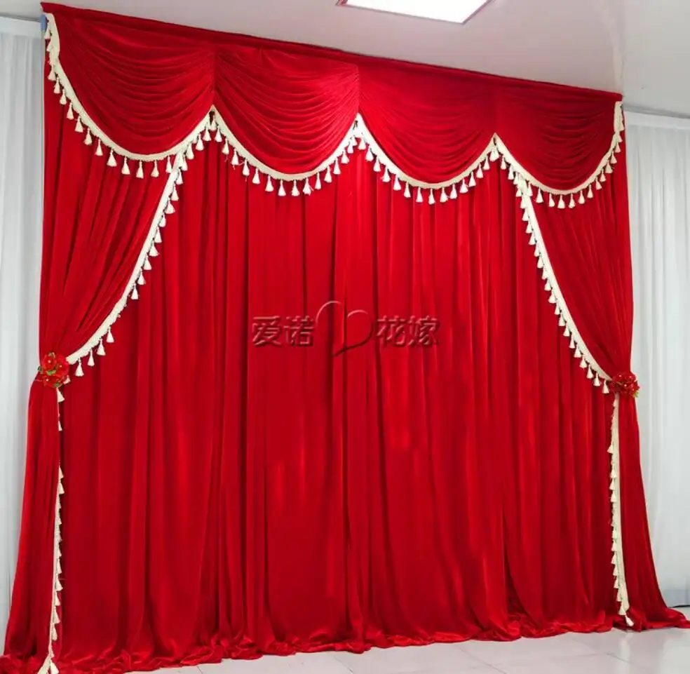 10X20FT Wrinkle Red Flannel Fabric Backdrop Curtains with top and two side Swags Velvet Photo Backdrop Drapes Wedding Birthday