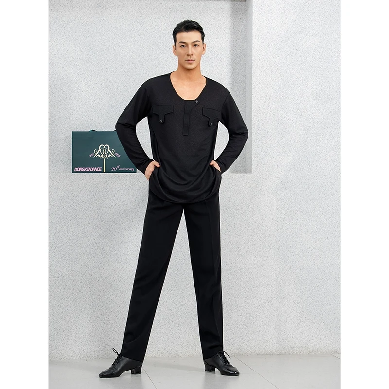 Costumes de danse modernes pour hommes, haut de danse latine noir à manches longues, vêtements de danse latine Samba Chacha pour adultes, costume d'entraînement DQL11831