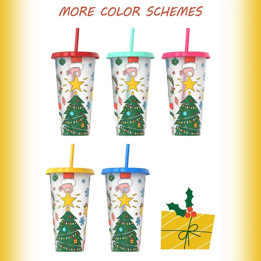 

New Plastic Color Changing Cup Discoloration Dining Supplies Iced Coffee Cup 710ml Reusable Cold Drink Cup Christmas