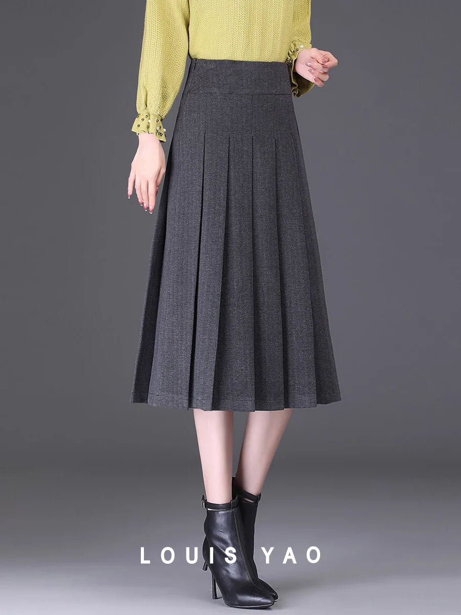 

LOUIS YAO 2024 Winter Solid Color Pleated Woolen Long Skirt Elegant High Waist Warm Heat Storage Women's Half Skirt