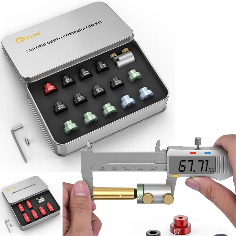Kit Pembanding Jarak Kepala dan Jarak Duduk CVLIFE, 14 Insert dan 6 Bushing, Alat Pengisian Ulang Amunisi Aluminium dengan Kotak Timah, Pengukur Presisi