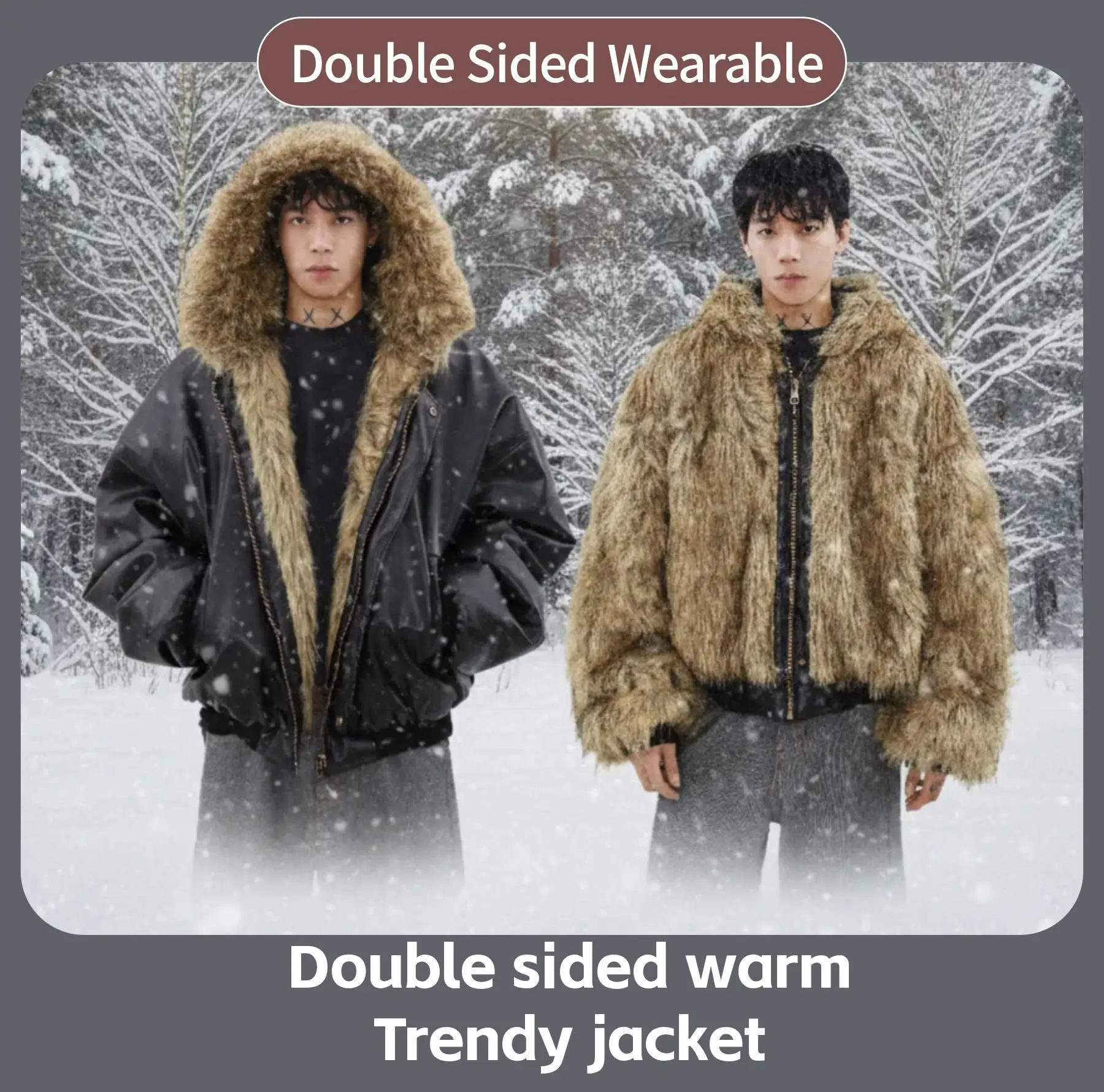 

Korean-style Double Sided Wearable Coat Winter Warm Pu Jackets High Quality Cotton Streetwear Fur Collar Hooded Mens Jacket