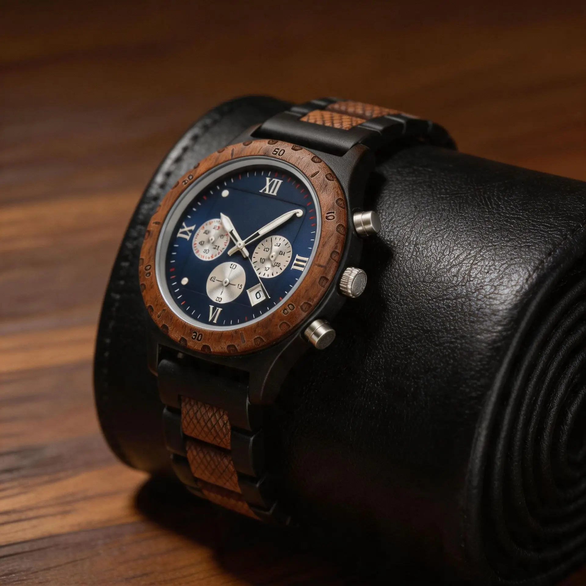 Fashion Men Wooden Watch Ebony Walnut Quartz Watch Multi-function Three-eye Chronograph Wristwatch Casual Business Clock Reloj