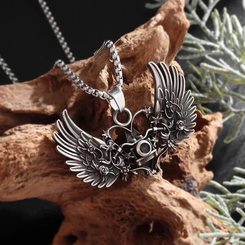 Retro Gothic Rose Mechanical Angel Wings Pendant Necklace for Men and Women Fashion Romantic Punk Trendy Jewelry