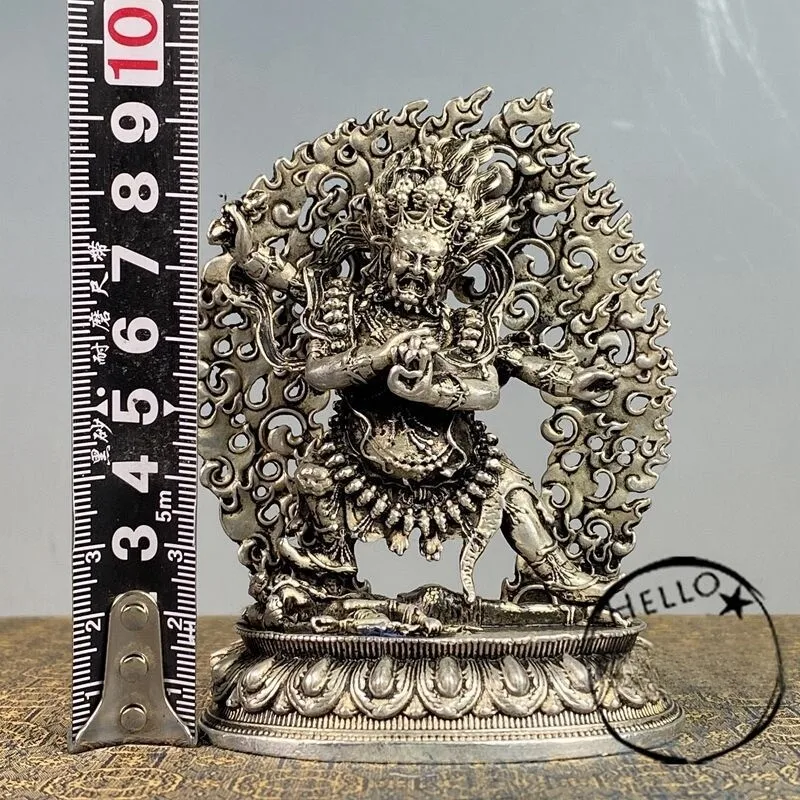 Nepal Tibetan Black Sky Mahagala White Copper Silver-plated Four-Arm Bronze Statue Dedicated to Buddha Home Ornament Collection