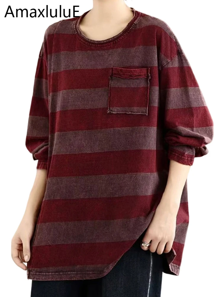 

Amax LuluE, корейские винтажные полосатые футболки 2025 года, женские зимние модные повседневные свободные топы, женская классическая одежда с элегантным дизайном