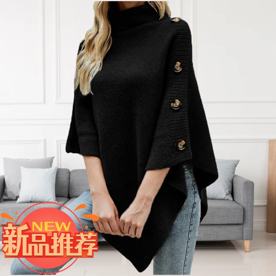 sales European and American cross-border autumn and winter new solid color turtleneck cape split knitted sweater jacket women