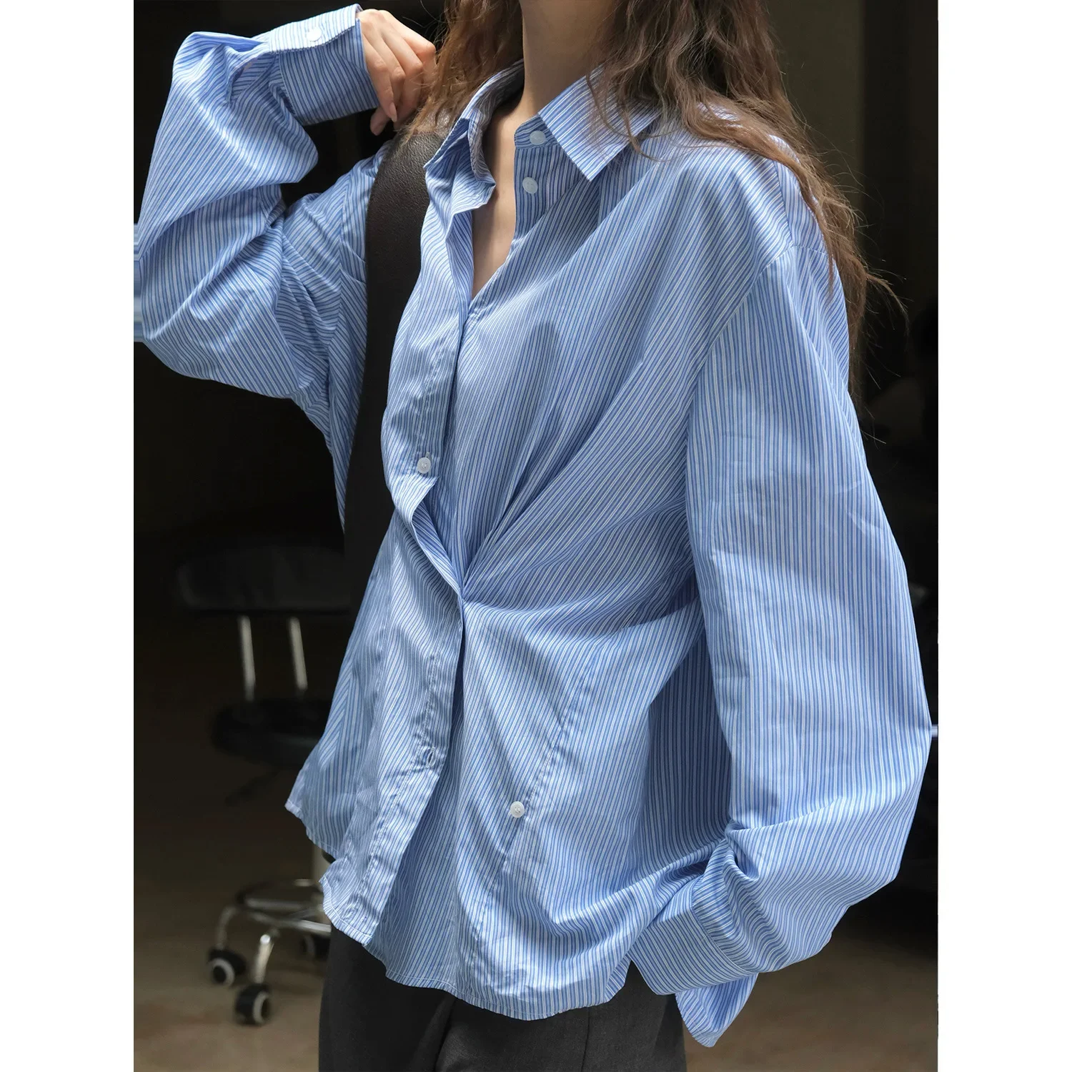 Autumn New Korean Version Fashionable Commuter Diagonal Button Blue Striped Shirt Dry Comfortable Loose And Thin Top Women