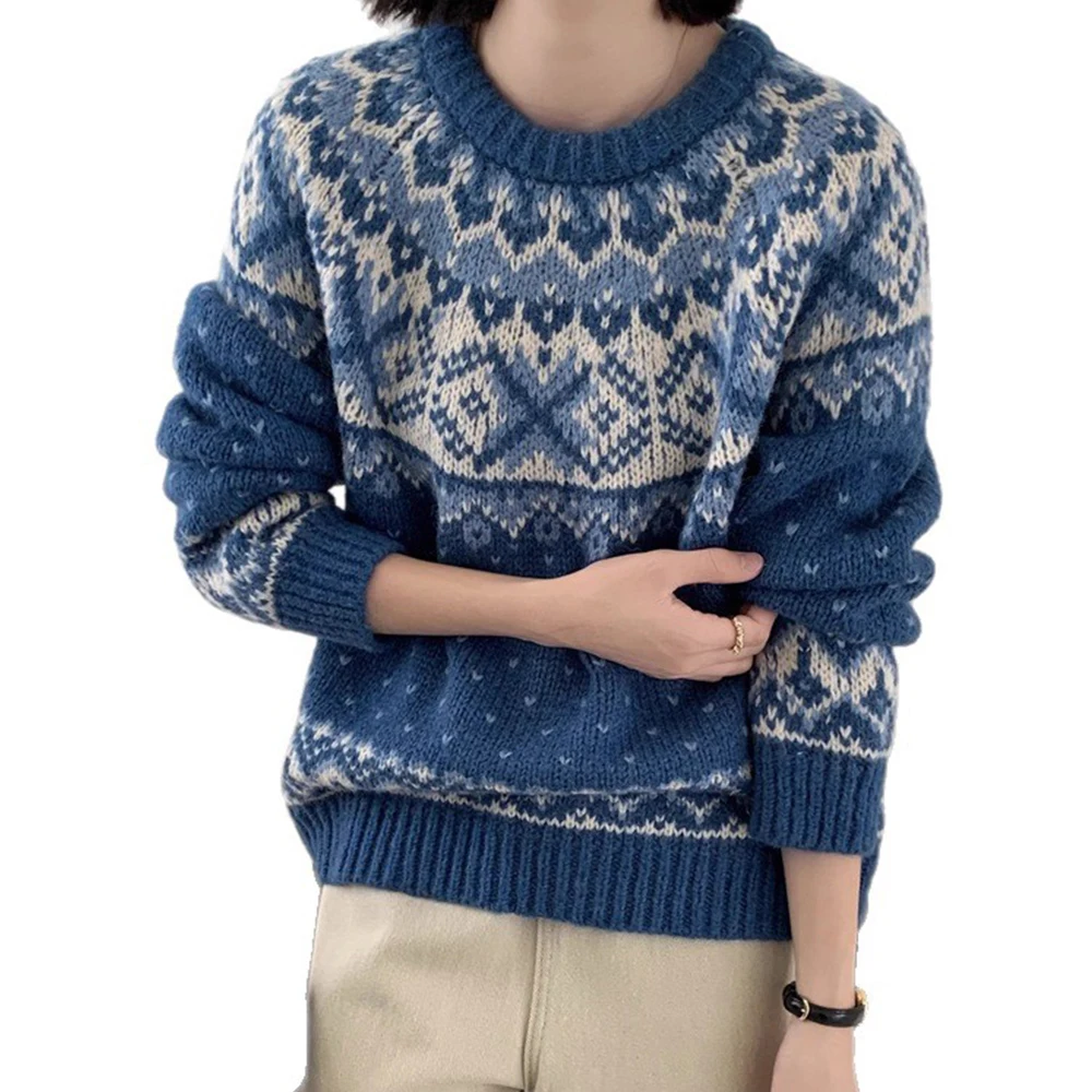 

New Fashion Jacquard Sweater For Women, Autumn And Winter Knitted Pullover, Grils Lazy Style Thickened Warm Sweater