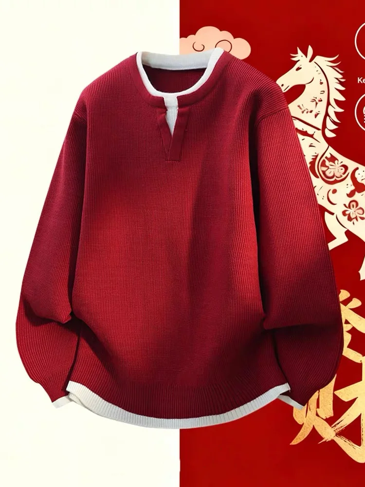 

Красный вязаный свитер для мужчин, осенне-зимний, шерстяной, повседневный, свободного кроя, с V-образным вырезом, молодежный стиль