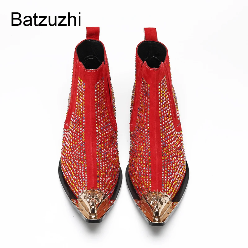 Batzuzhi Designer's Rhinestones Leather Ankle Boots Man with Iron Toe Slip on Men's Leather Ankle Boots Man Wedding, Party Botas