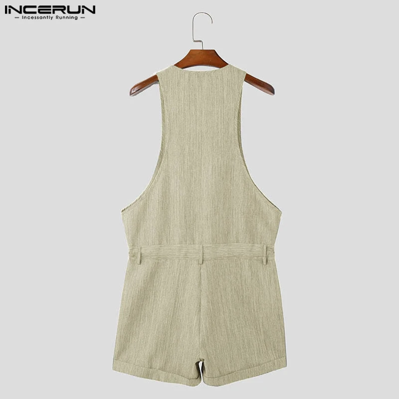 INCERUN Men Rompers Solid Color Shorts Sleeveless V Neck Button Casual Jumpsuits Summer 2024 Streetwear Fashion Playsuits S-5XL