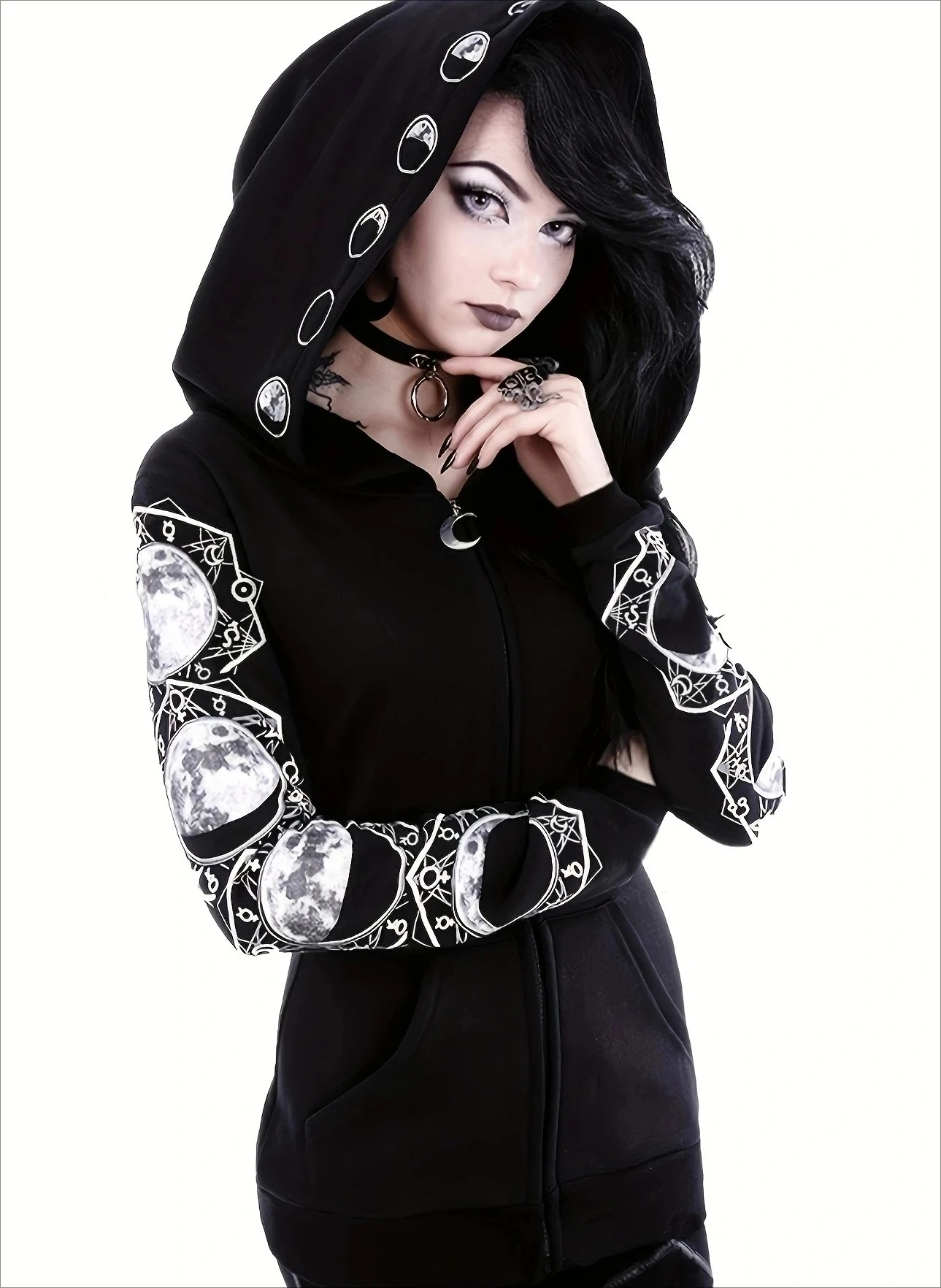 Y2K القوطية القمر الرمز البريدي هوديي المرأة كل موسم الجيب الأمامي مريح البوليستر مزيج نمط هندسي الشارع الشهير كم طويل