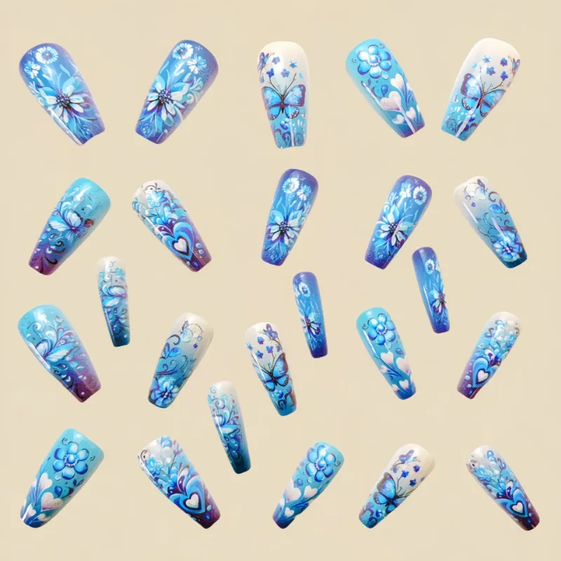 Faux ongles de Ballet mi-longs, longs, bleus, floraux, papillon, cercueil, pointes bon marché, à pression, en acrylique, amovibles, 24 pièces