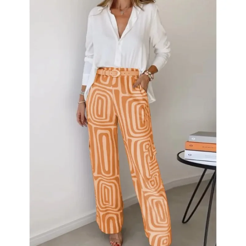 Leisure Women\'s Geometry Printed Set 2024 Spring Autumn New Temperament Shirt & Loose Pants 2 Piece Set Commute Office Lady Set