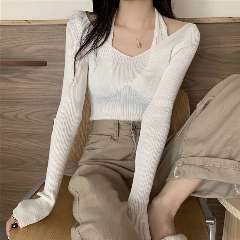 Womens Knit Sweater Hanging Neck Fake Two Piece Long sleeved Pullover Off Shoulder Slimming Elastic Sweater Tops